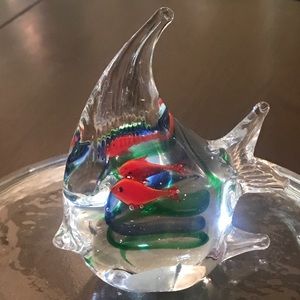 Glass Angel Fish Paper weight, Green & Blue clear